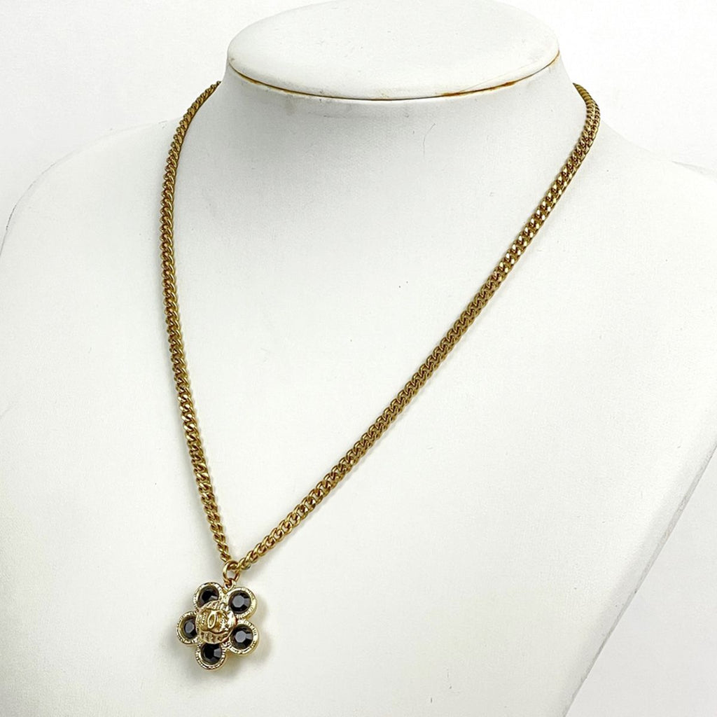 Chanel CC Logo Flower Motif Necklace Color Stone Gripoix Gold Plated Black — view 6