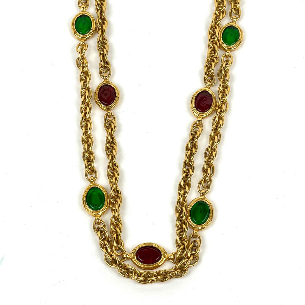 Chanel Logo Color Stone Necklace Double Strand Long Gripoix Gold Plated — view 2
