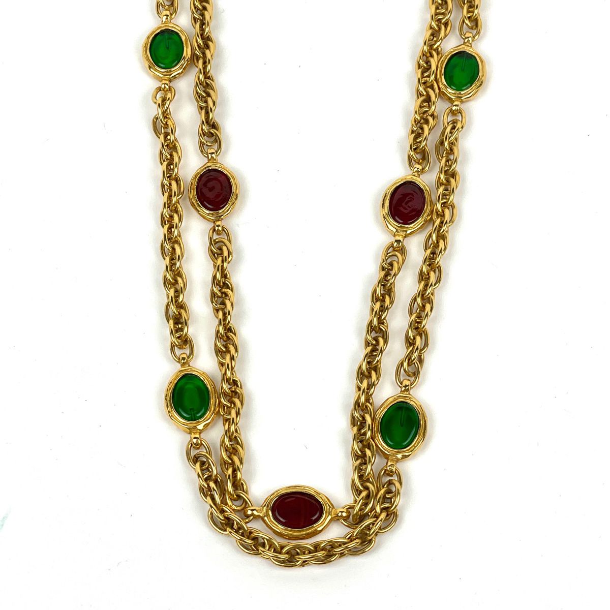 Chanel Logo Color Stone Necklace Double Strand Long Gripoix Gold Plated — view 2
