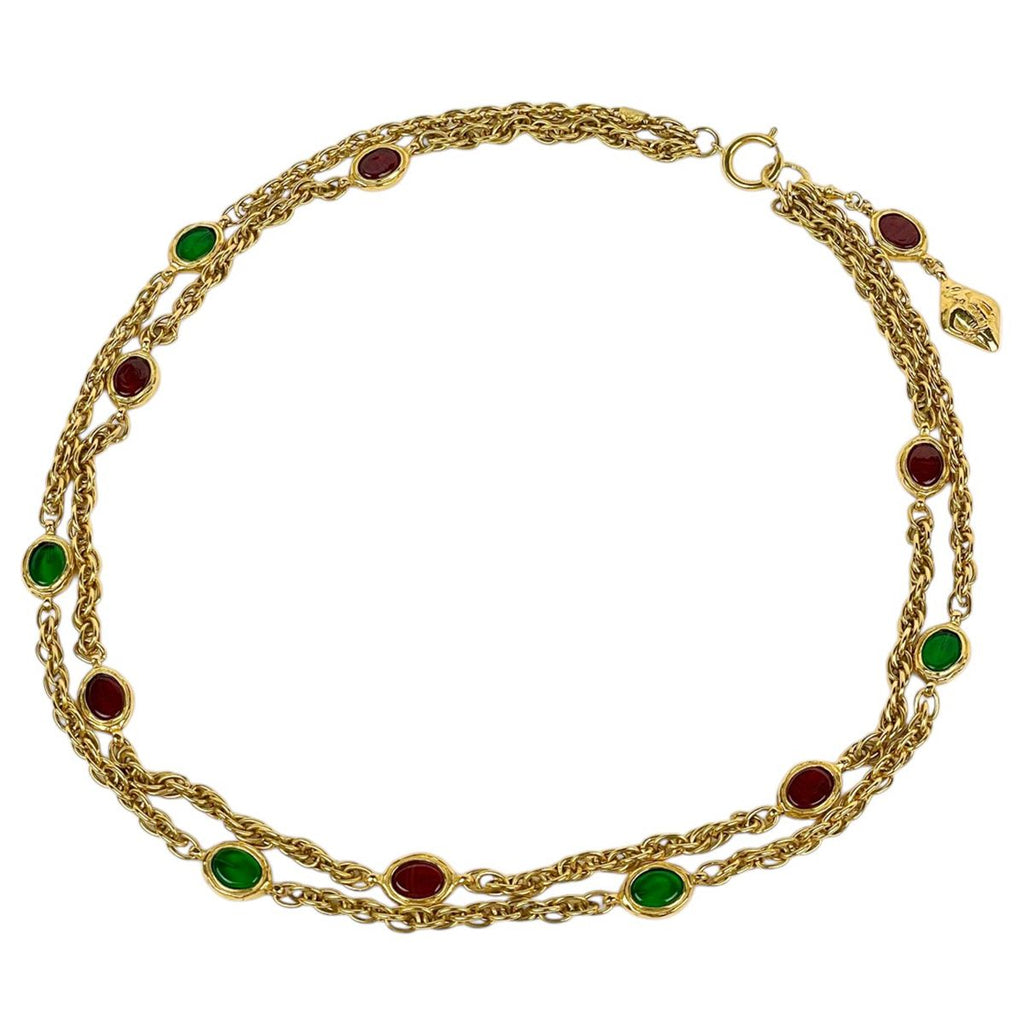 Chanel Logo Color Stone Necklace Double Strand Long Gripoix Gold Plated