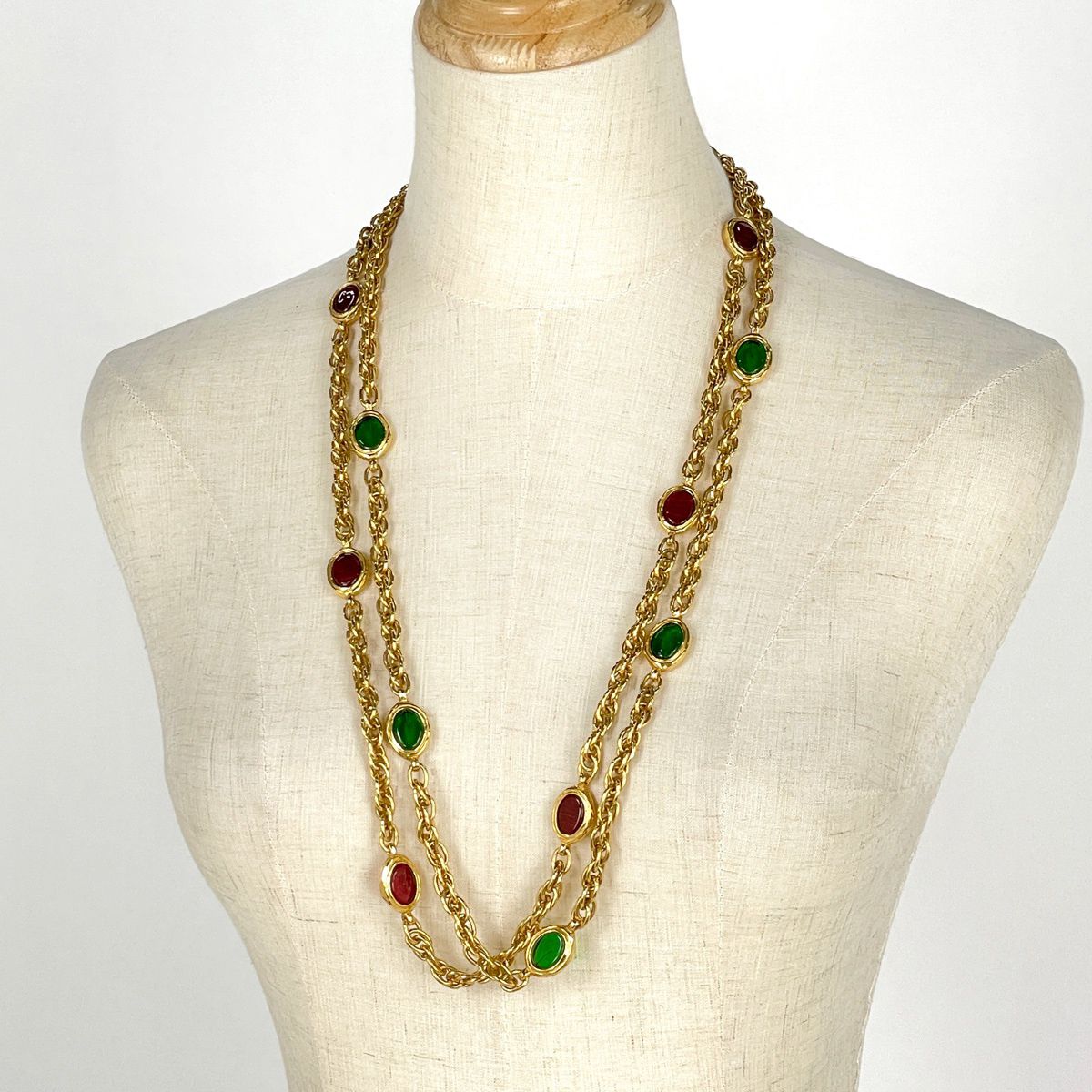 Chanel Logo Color Stone Necklace Double Strand Long Gripoix Gold Plated — view 5