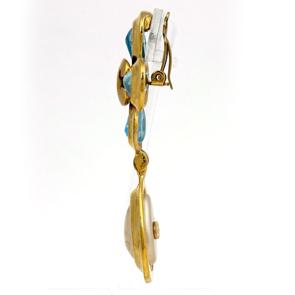 Chanel CC Logo Color Stone Earrings Faux Pearl Gripoix Swing Gold Plated Blue — view 2