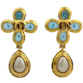 Chanel CC Logo Color Stone Earrings Faux Pearl Gripoix Swing Gold Plated Blue