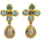 Chanel CC Logo Color Stone Earrings Faux Pearl Gripoix Swing Gold Plated Blue