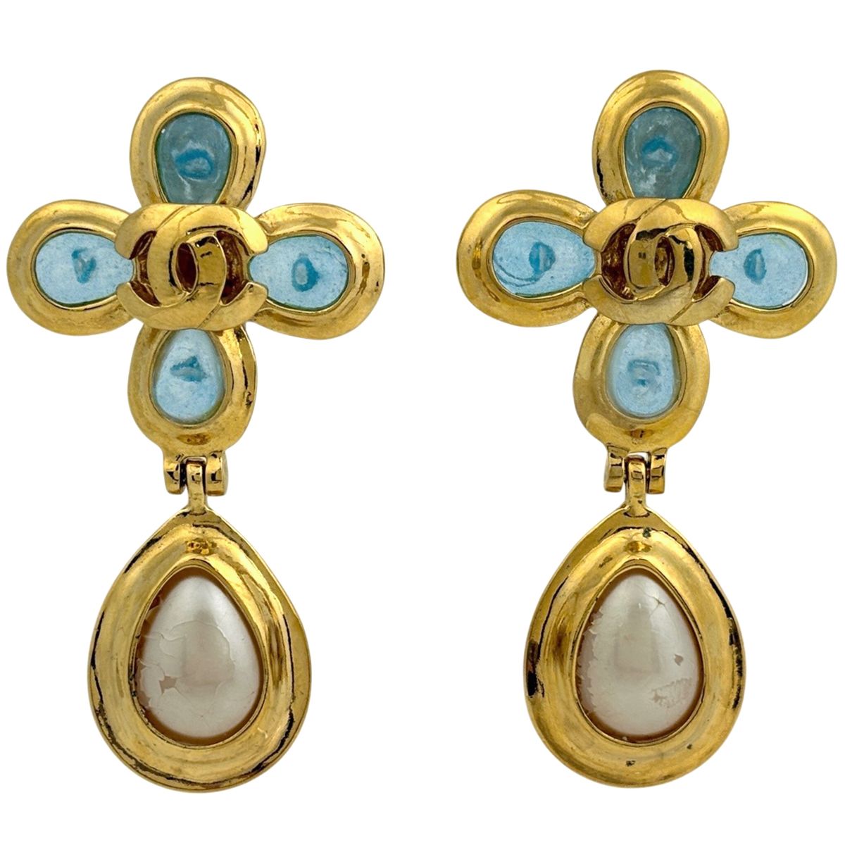 Chanel CC Logo Color Stone Earrings Faux Pearl Gripoix Swing Gold Plated Blue