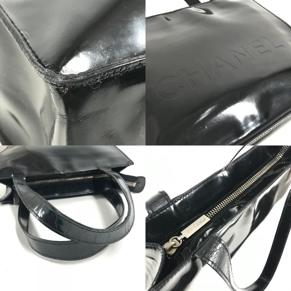 Chanel Shoulder Bag Logo Patent Leather Black — view 8