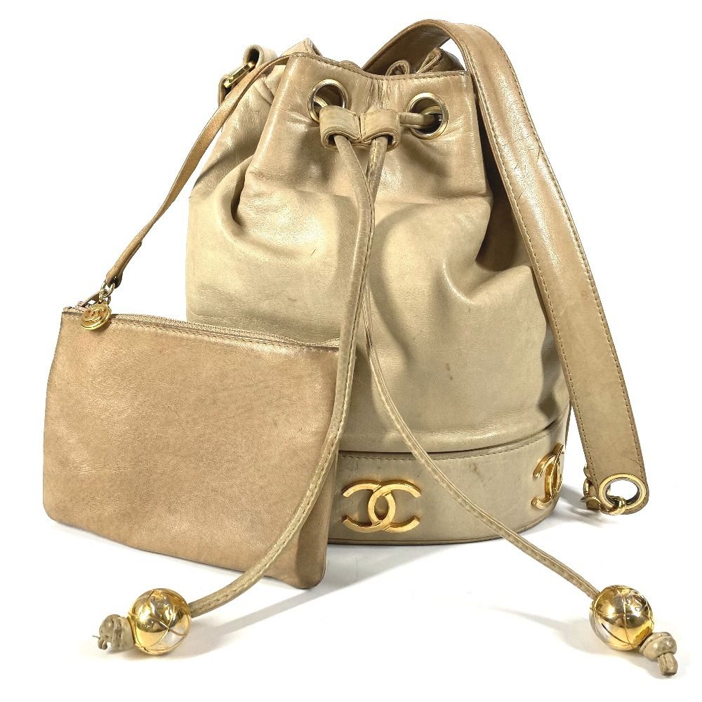 Chanel Shoulder Bag Triple Coco CC Logo Drawstring Leather Beige