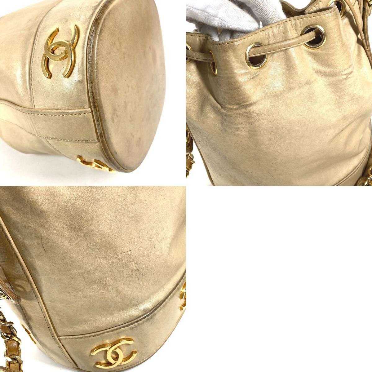 Chanel Shoulder Bag Triple Coco CC Logo Drawstring Leather Beige — view 9