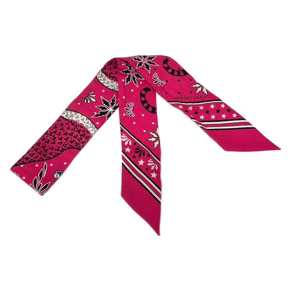 Hermes Scarf Twilly Pink Black White Ribbon les Leopards