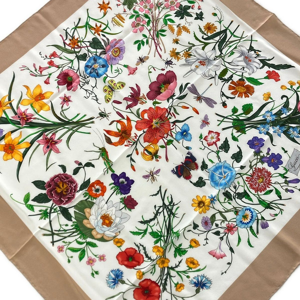 Gucci Scarf White Gray Beige Multi Floral Pattern