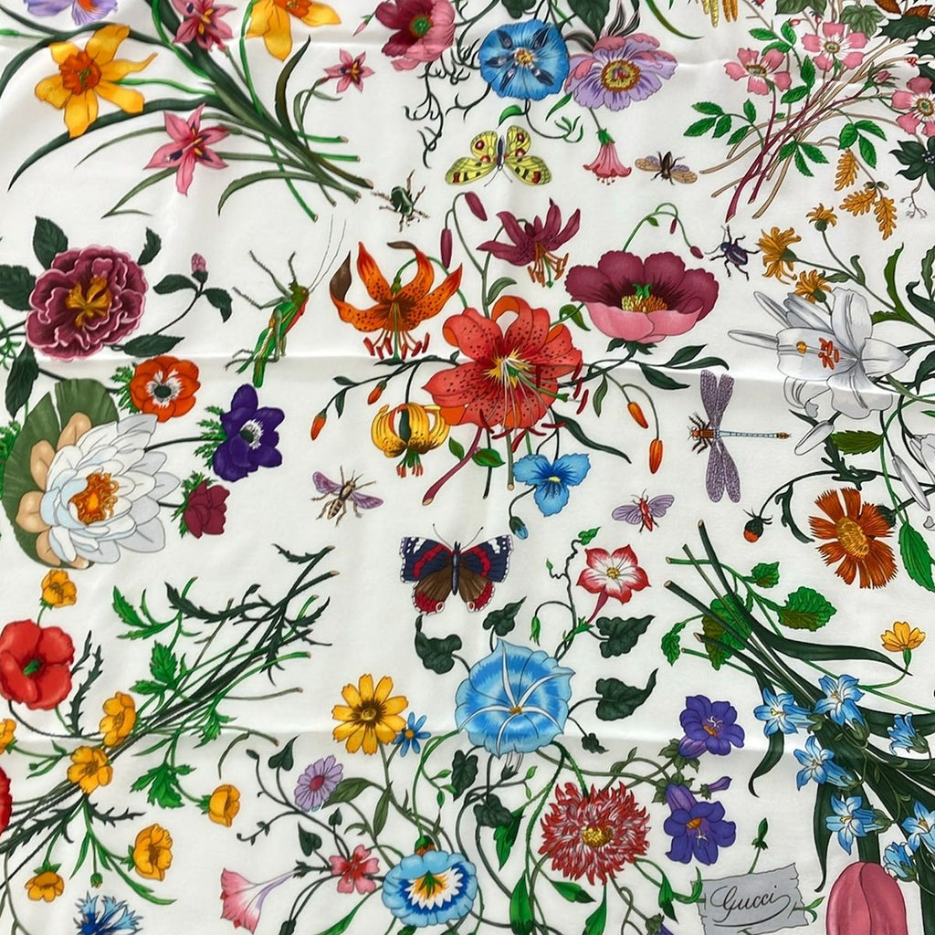 Gucci Scarf White Gray Beige Multi Floral Pattern — view 4