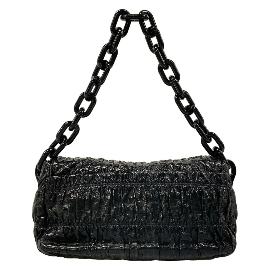 Prada Shoulder Bag Gather Black Leather Tag Plastic Chain — view 3