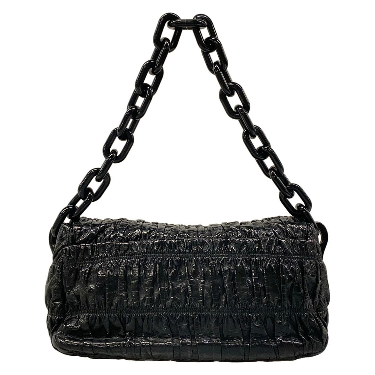 Prada Shoulder Bag Gather Black Leather Tag Plastic Chain — view 3
