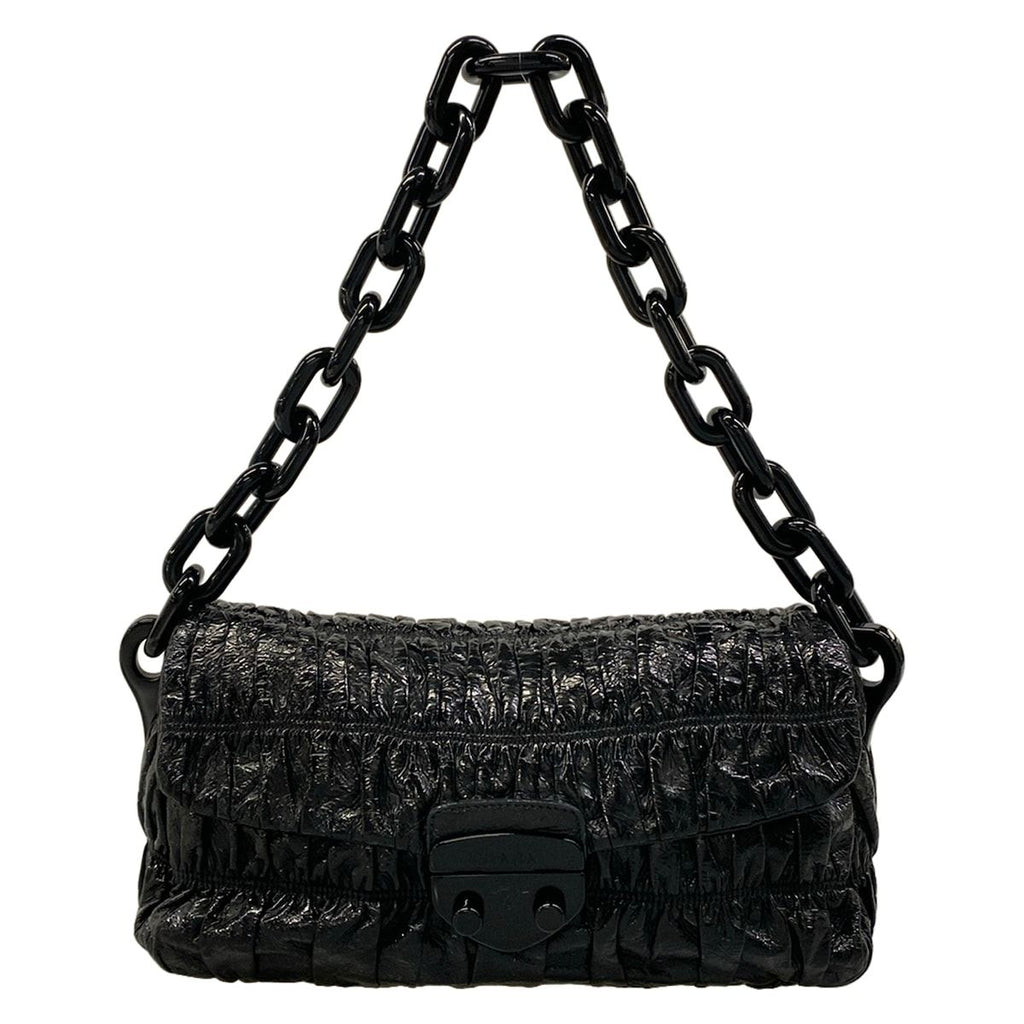 Prada Shoulder Bag Gather Black Leather Tag Plastic Chain