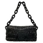 Prada Shoulder Bag Gather Black Leather Tag Plastic Chain