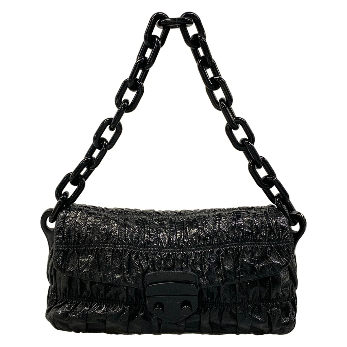 Prada Shoulder Bag Gather Black Leather Tag Plastic Chain