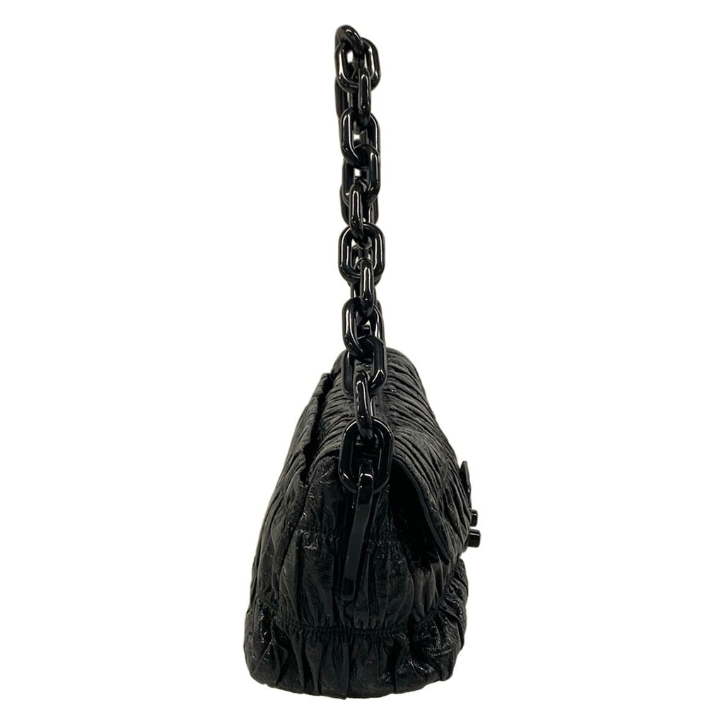 Prada Shoulder Bag Gather Black Leather Tag Plastic Chain — view 2