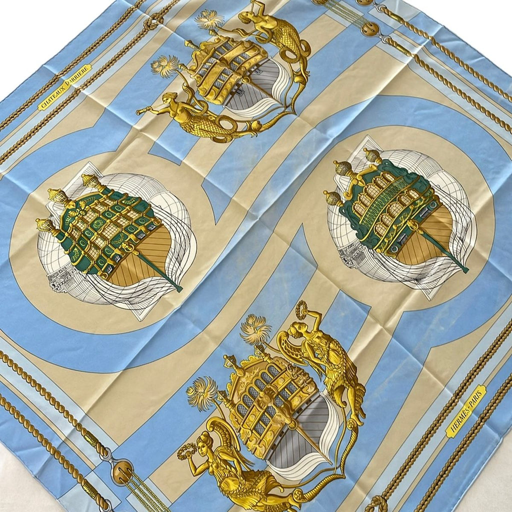 Hermes Scarf Carre 90 Light Blue Yellow Multi Chateaux Darriere Silk