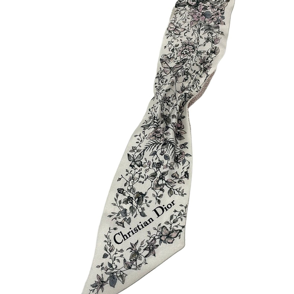 Dior Scarf Mitzah Light Gray Light Pink Multi Floral Pattern Butterfly Silk — view 4
