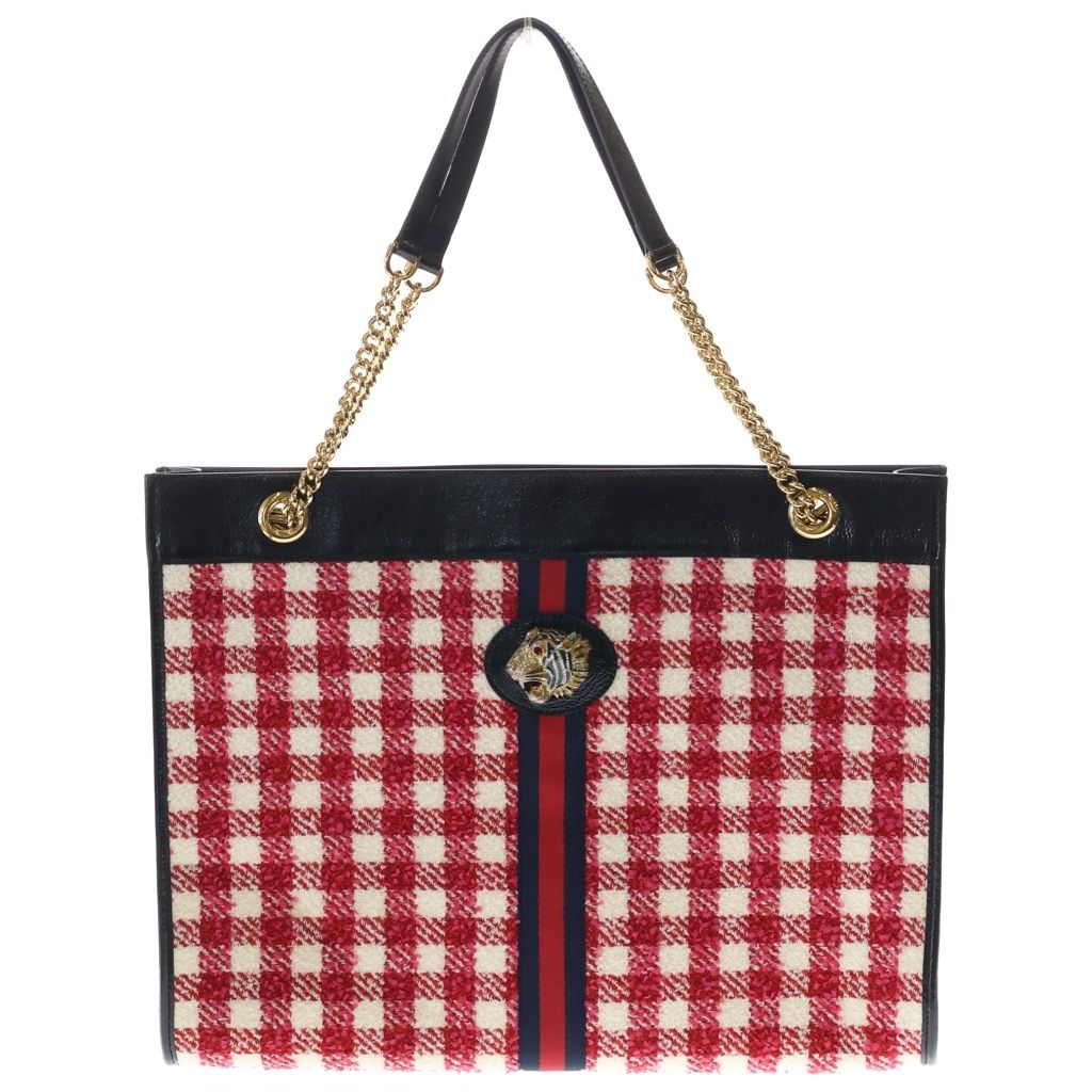 Gucci Rajah Tote Red Black Tweed Leather Gold