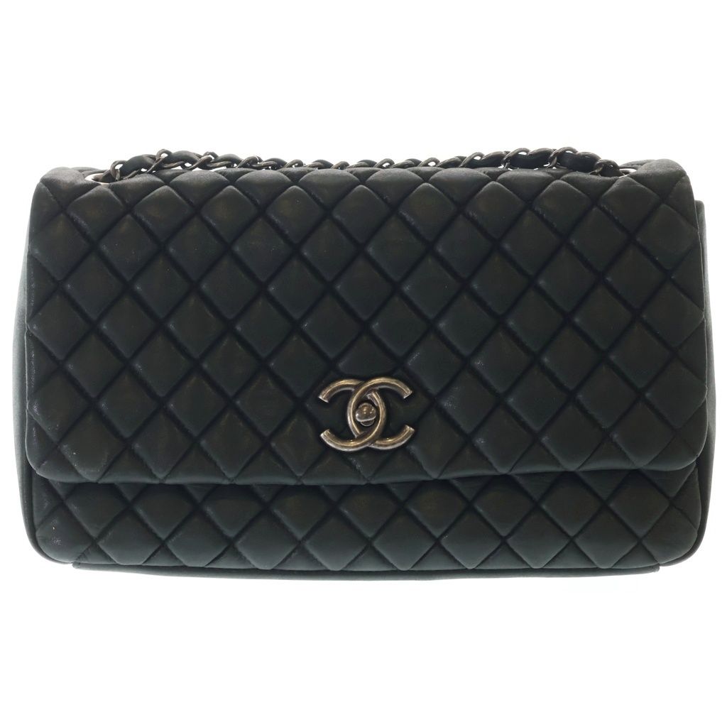 Chanel Quilted Single Flap Double Chain Shoulder Bag Silver Black