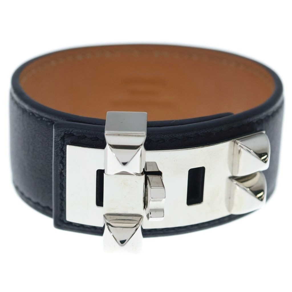 Hermes Collier de Chien 24 Leather Bangle Bracelet Silver Black — view 2