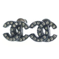 Chanel CC Logo Rhinestone Earrings Dark Silver