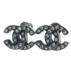 Chanel CC Logo Rhinestone Earrings Dark Silver