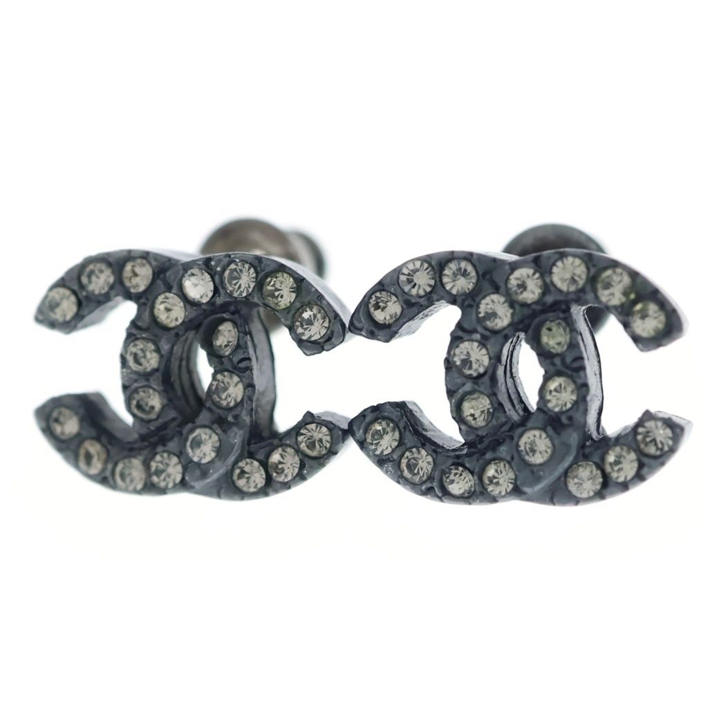Chanel CC Logo Rhinestone Earrings Dark Silver