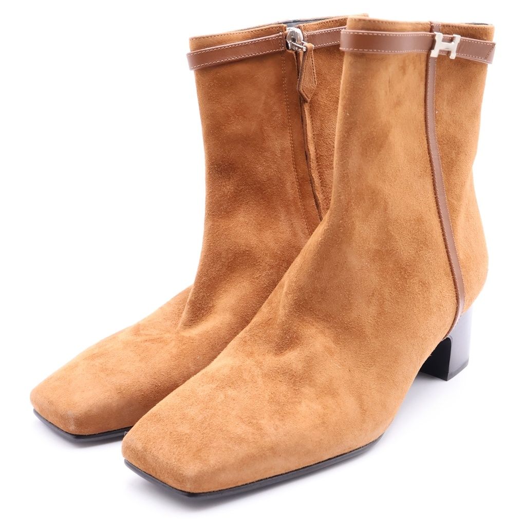 Hermes Homage Suede Leather Buckle Square Toe Short Boots Brown — view 2