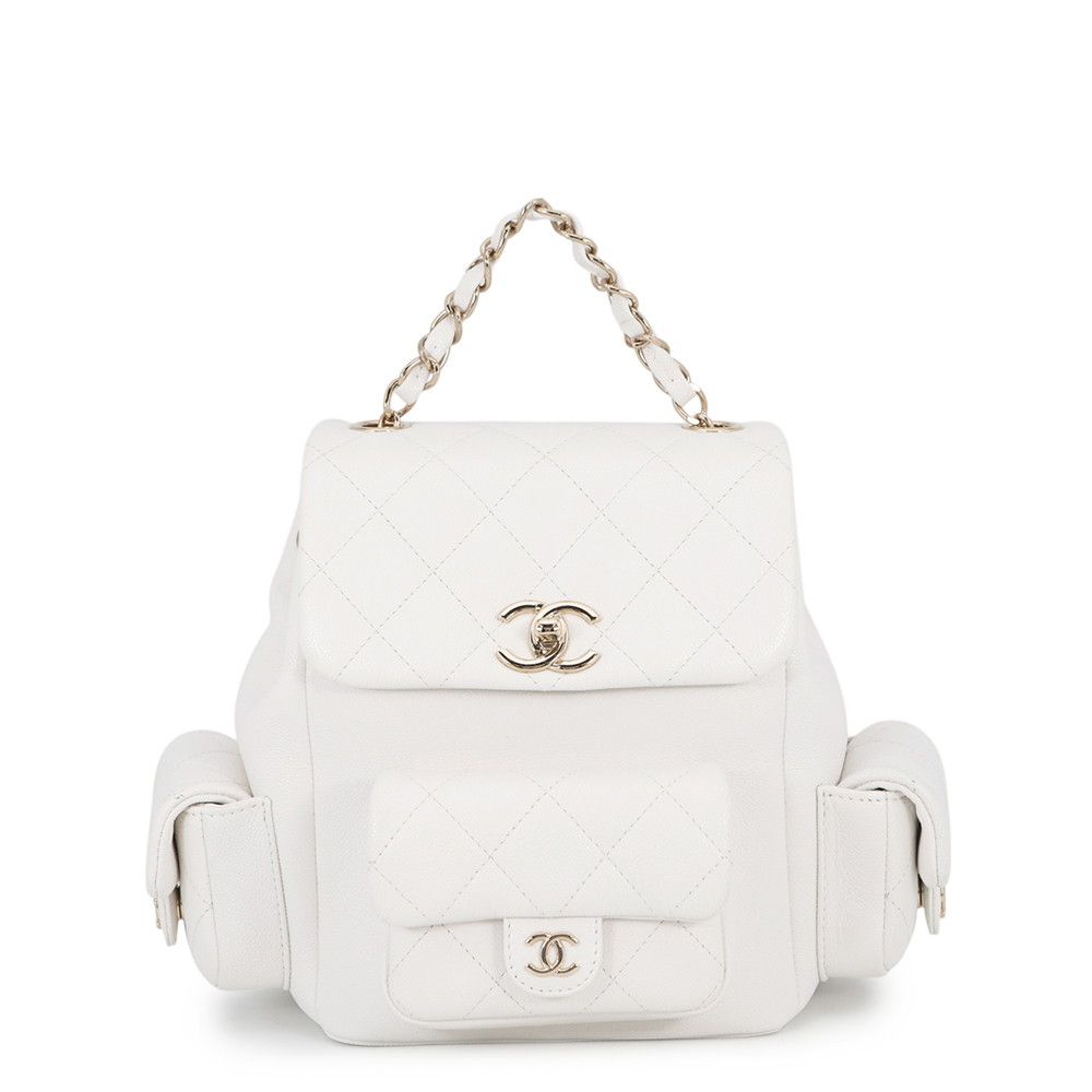 Chanel Backpack Quilted CC Logo Multi Pocket Caviar Leather White