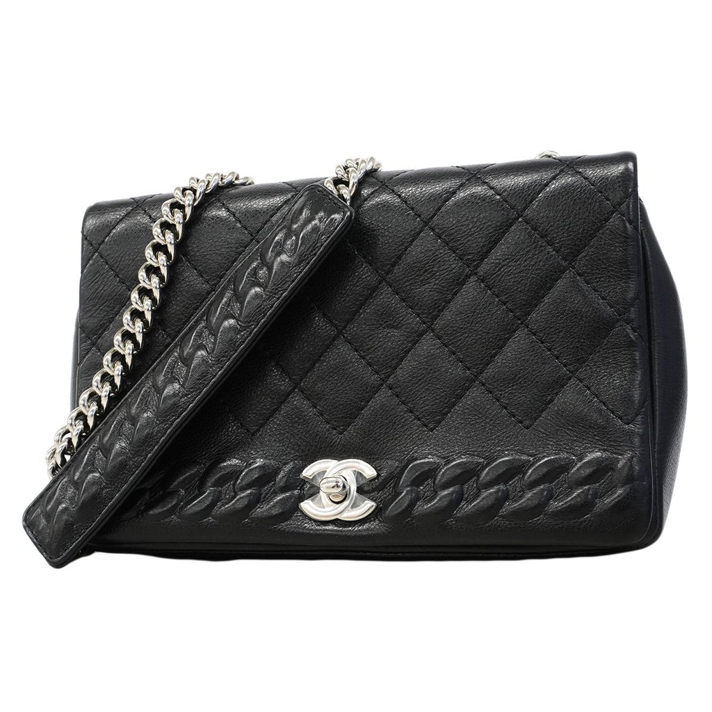 Chanel Shoulder Bag Quilted Leather Black Silver