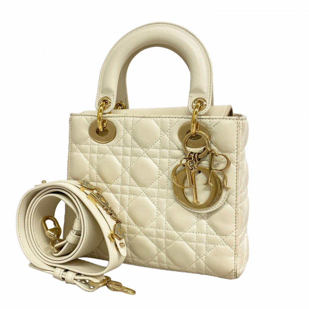 Dior Handbag Cannage Lady Leather White Champagne Gold 2-Way