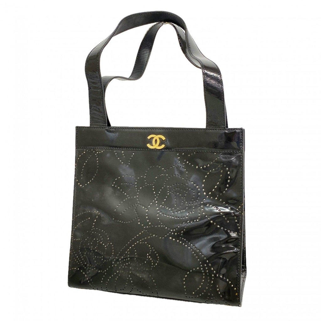 Chanel Handbag Camellia Patent Leather Black Gold
