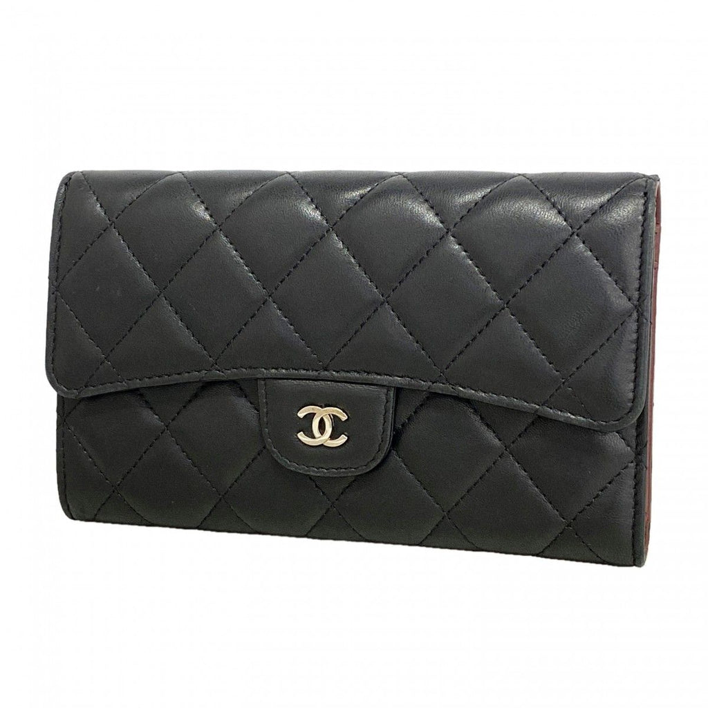Chanel Trifold Wallet Quilted Lambskin Black Silver
