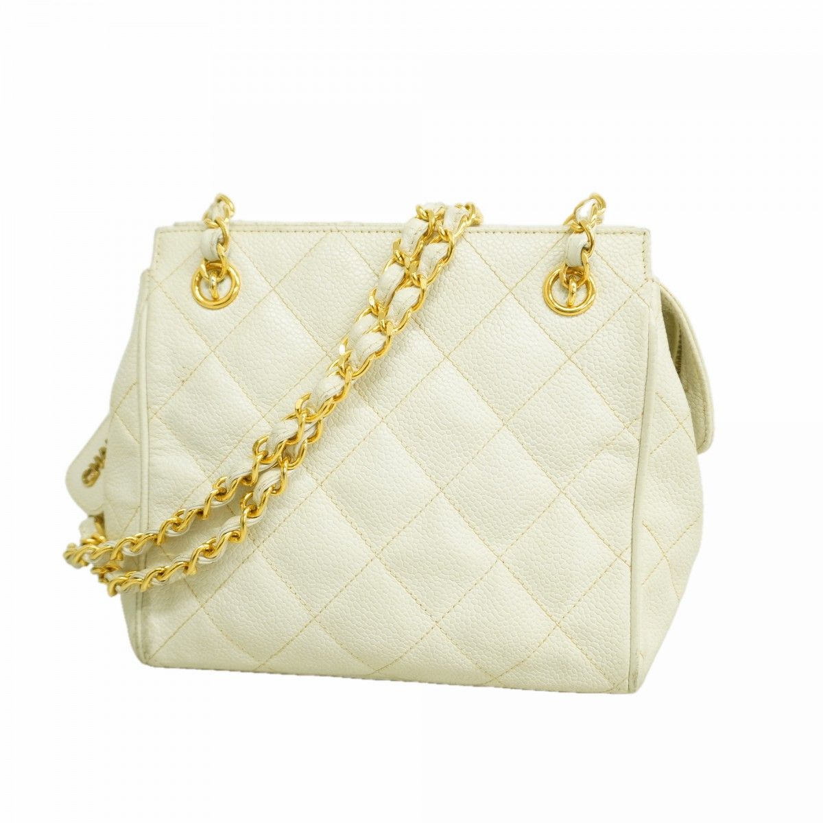 Chanel Shoulder Bag Quilted Caviar Leather White Gold