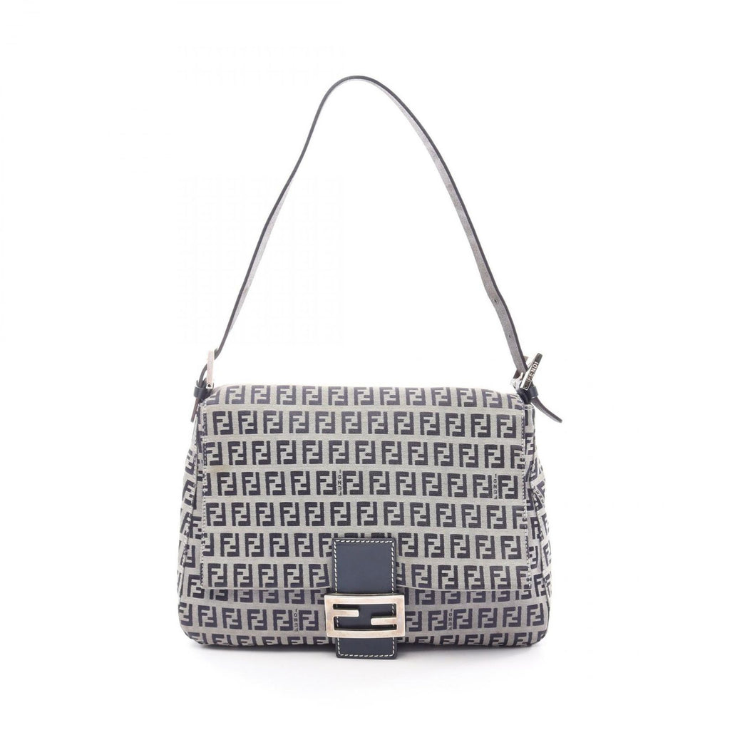 Fendi Shoulder Bag Mamma Bucket Zucchino Ivory Navy Canvas Leather
