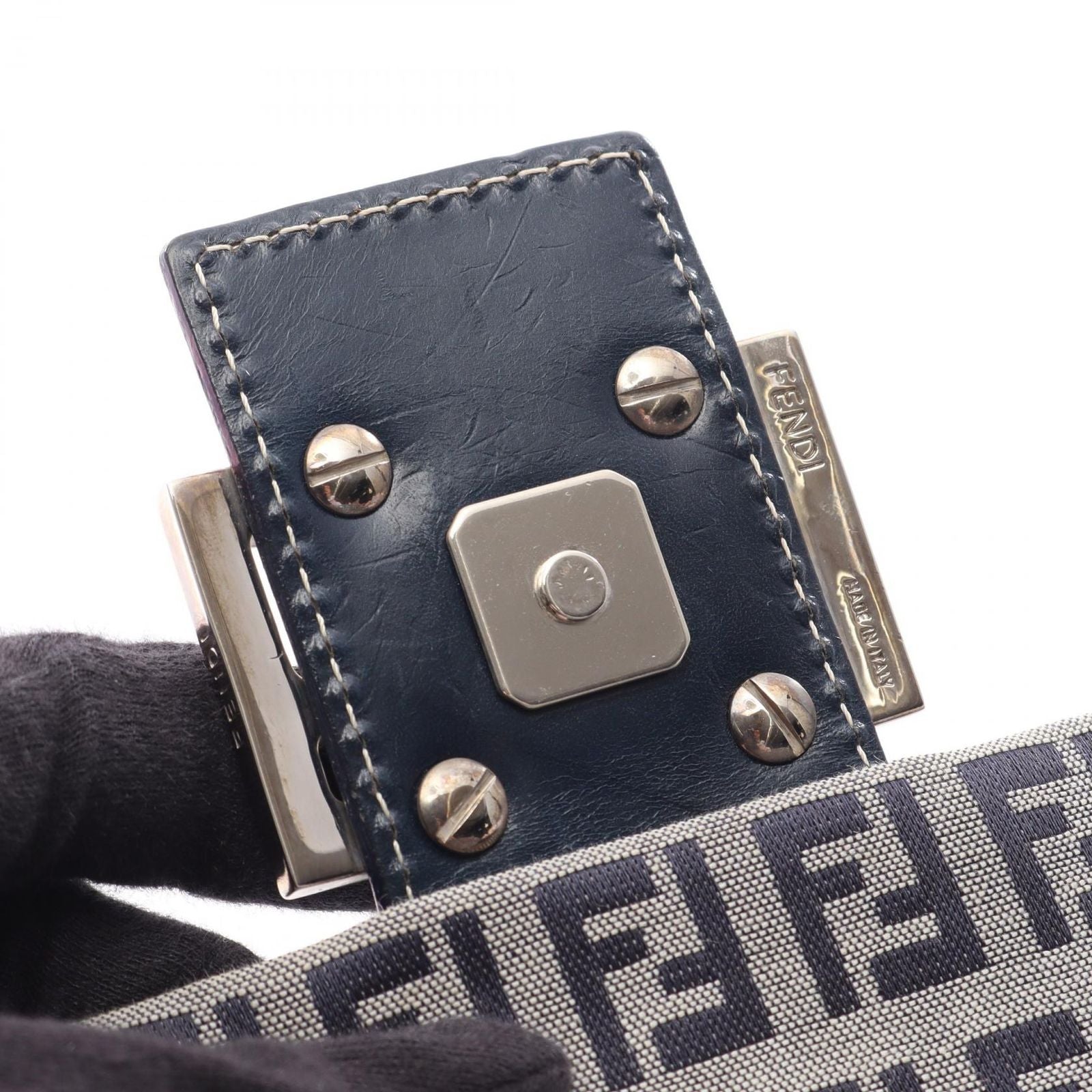 Fendi Shoulder Bag Mamma Bucket Zucchino Ivory Navy Canvas Leather — view 5