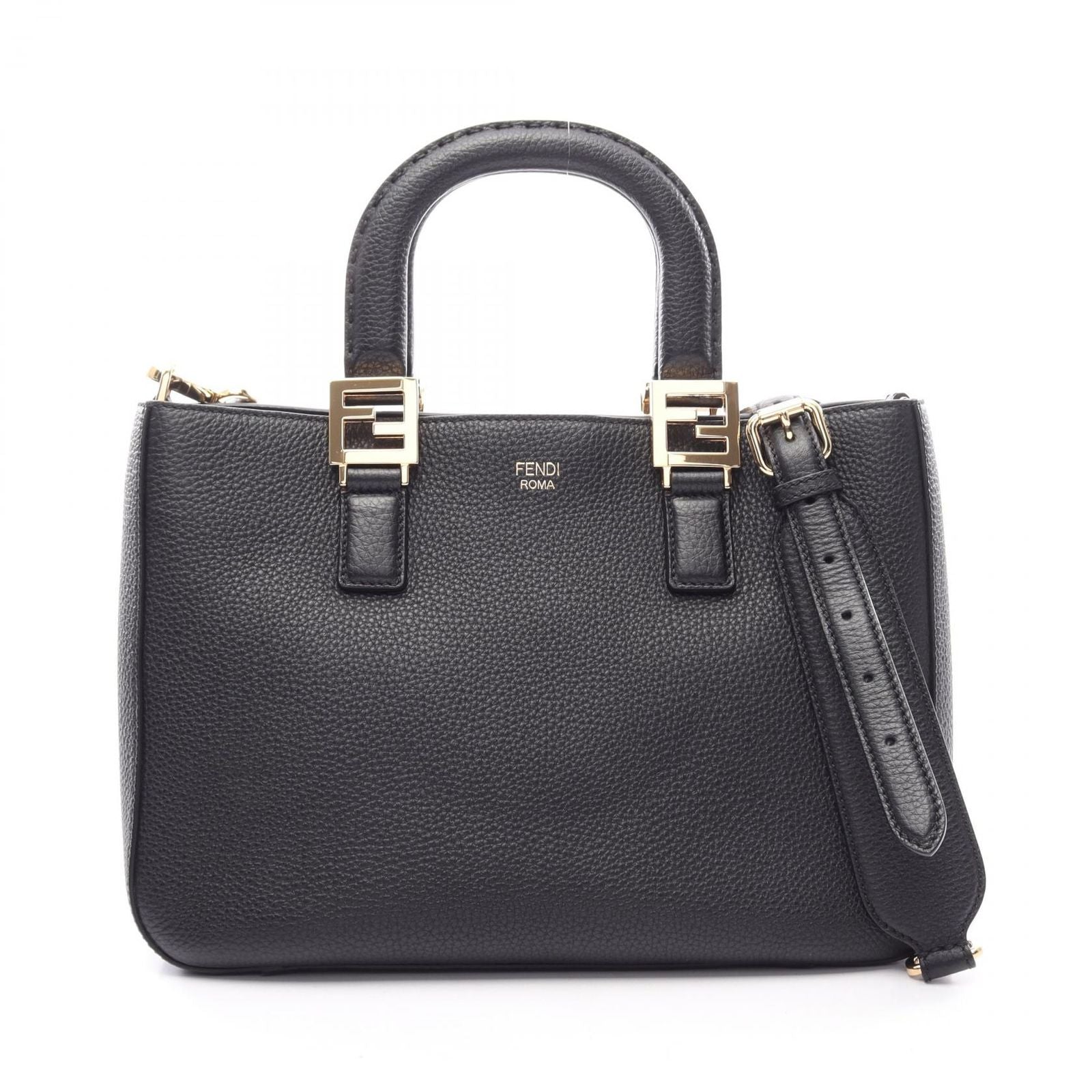 Fendi Handbag FF Tote Small 2-Way Black Leather Selleria