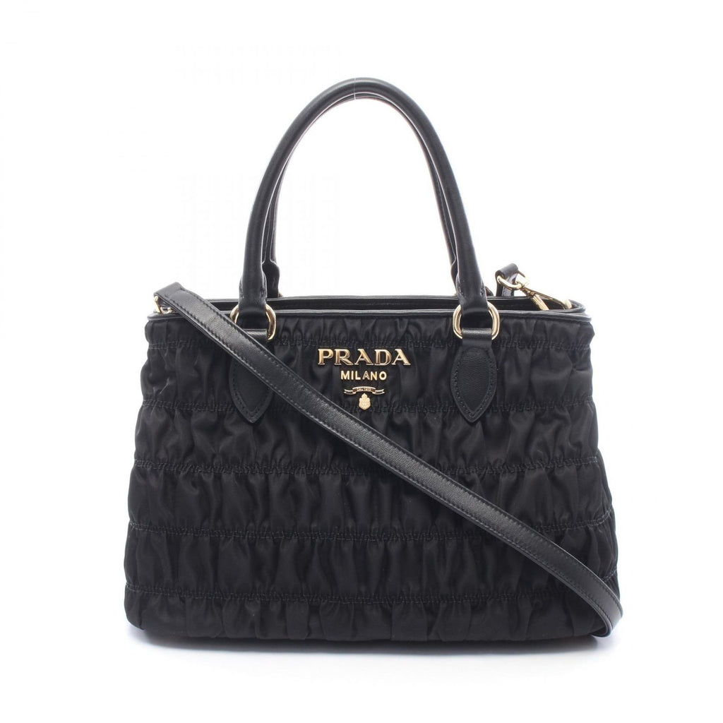 Prada Tote Tessuto Gaufre' 2-Way Black Nylon Leather Gathered