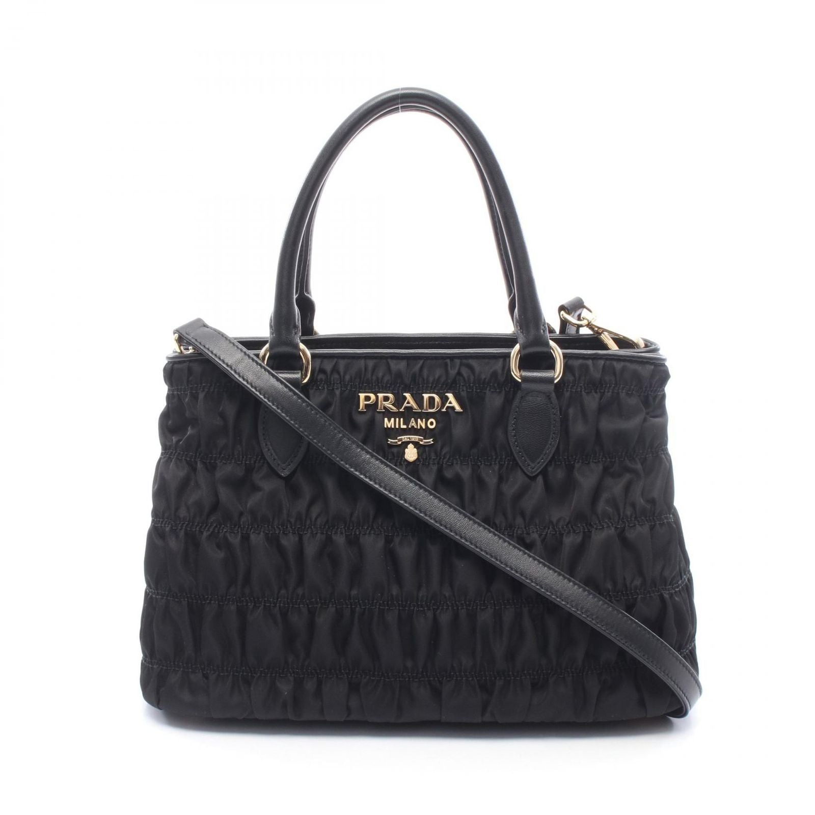 Prada Tote Tessuto Gaufre' 2-Way Black Nylon Leather Gathered