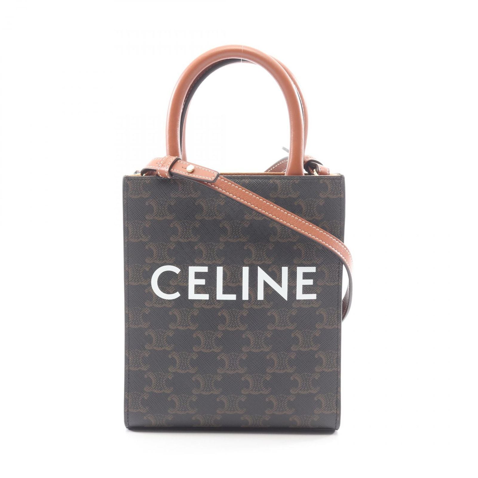 Celine Handbag Mini Vertical Cover Triomphe 2-Way Black Brown Canvas Leather