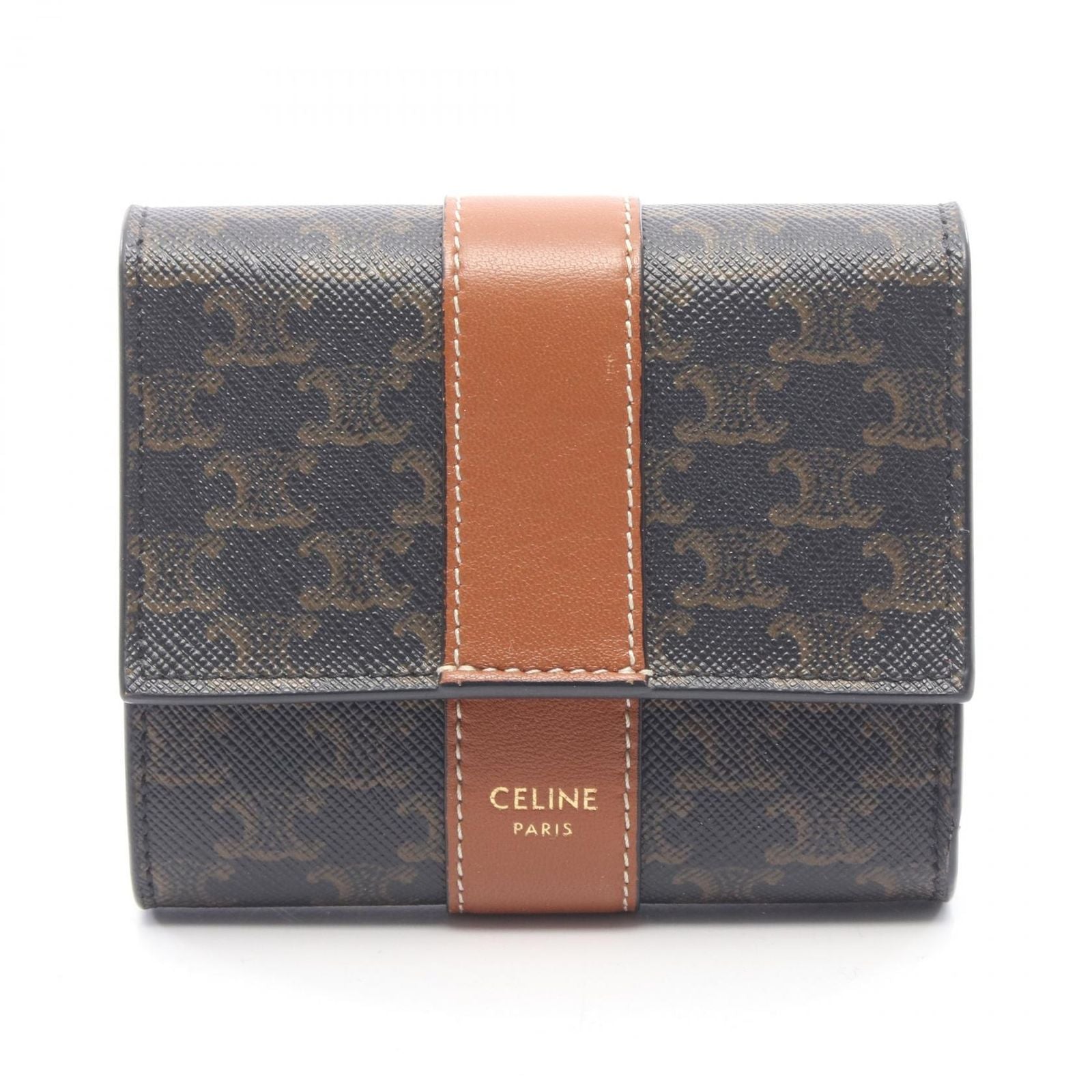 Celine Trifold Wallet Small Triomphe Black Brown Leather