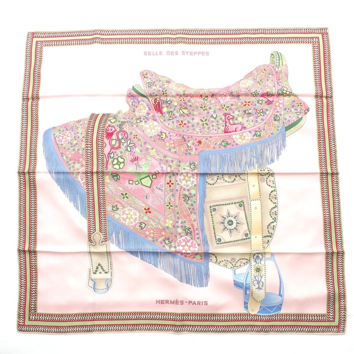 Hermes Carre 90 Silk Selle Des Steppes Scarf Pink Multi