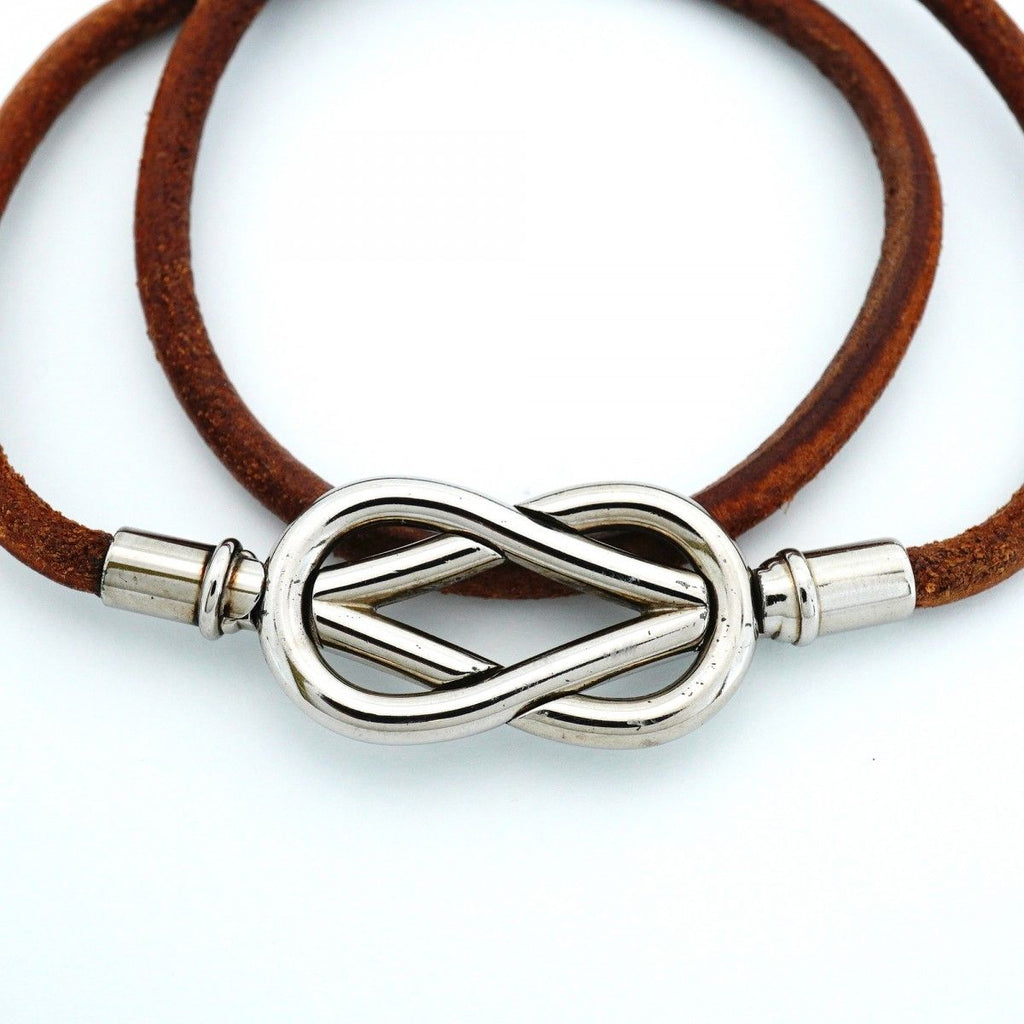 Hermes Bracelet Head Metal Leather Silver Brown — view 4