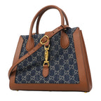 Gucci Handbag New Jackie Denim Leather Blue Brown Gold 2-Way
