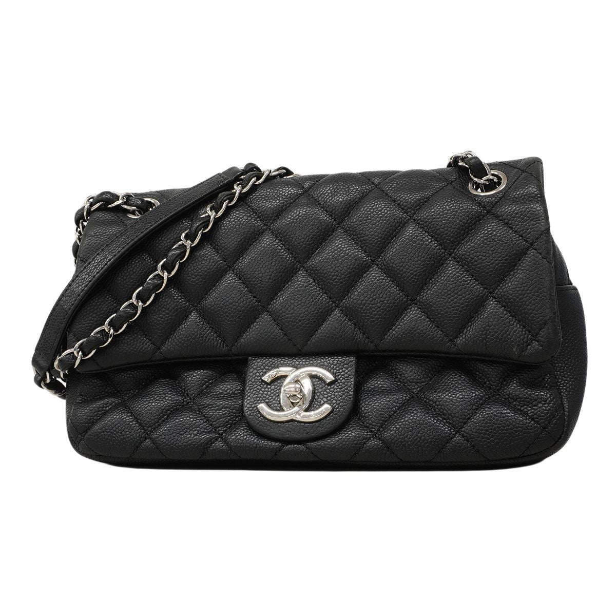 Chanel Shoulder Bag Quilted Caviar Leather Black Silver