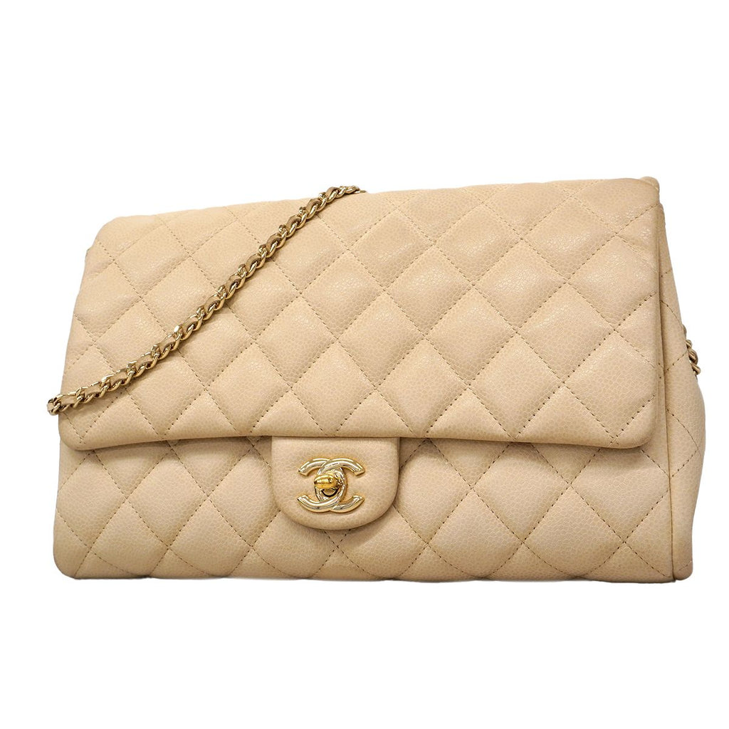 Chanel Shoulder Bag Quilted Caviar Leather Ivory Champagne Gold
