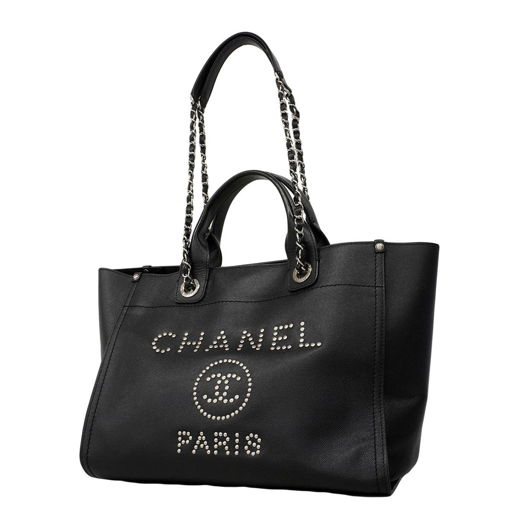 Chanel Chain Tote Deauville Caviar Leather Black Silver 2-Way