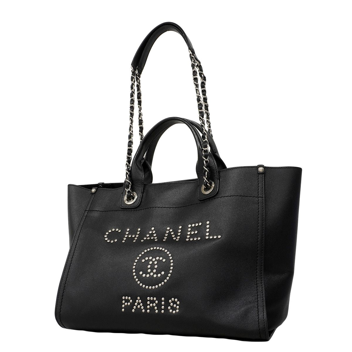 Chanel Chain Tote Deauville Caviar Leather Black Silver 2-Way